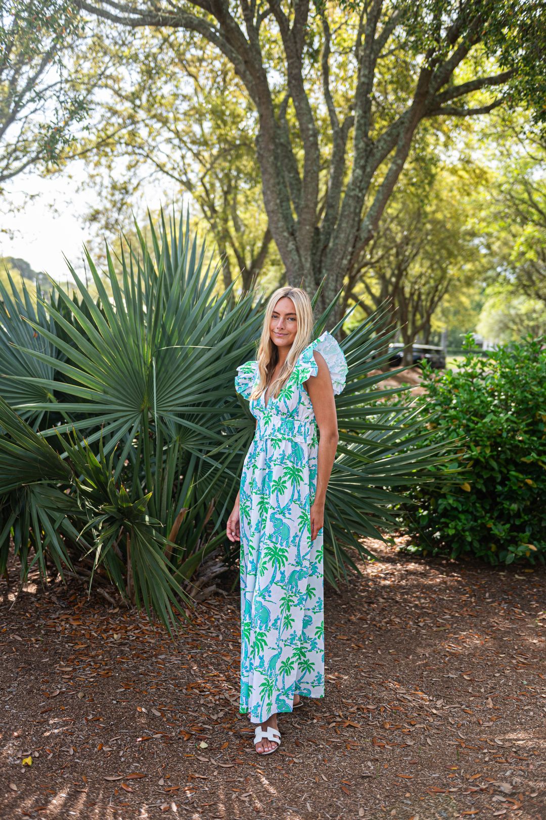Elephant Print V-Neck Flutter Sleeve Maxi Dress