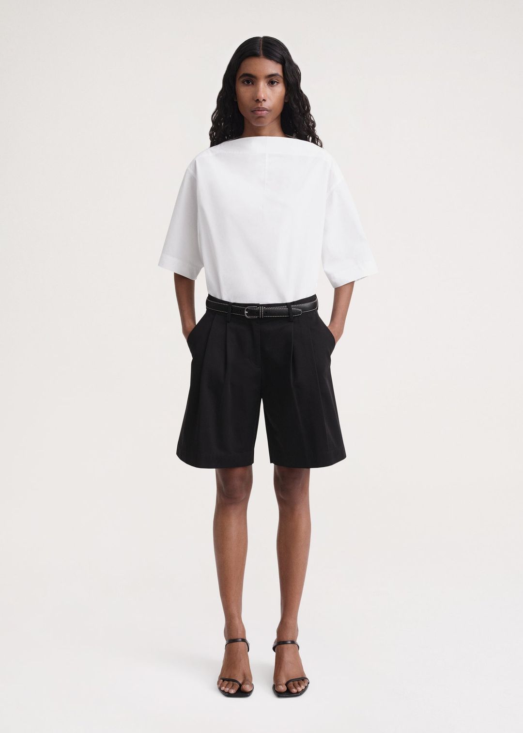 Pleated cotton-twill shorts black