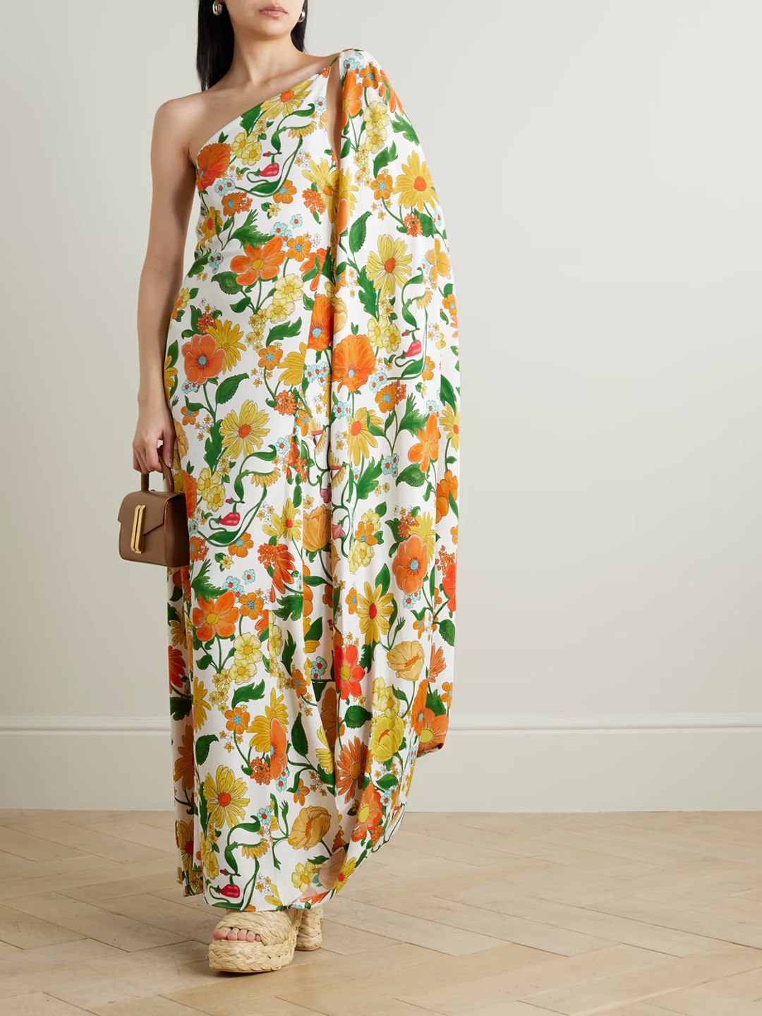 One-shoulder open-back floral-print twill gown