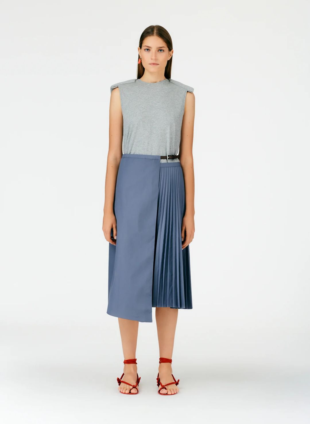 Tibi Gray Pleated Cotton Leather Wrap Skirt