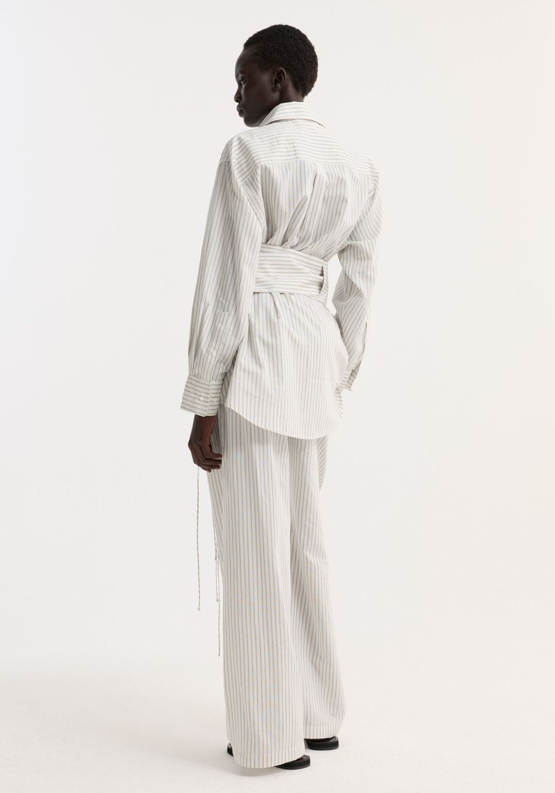 Silk stripe belted shirt | fine stripe #4