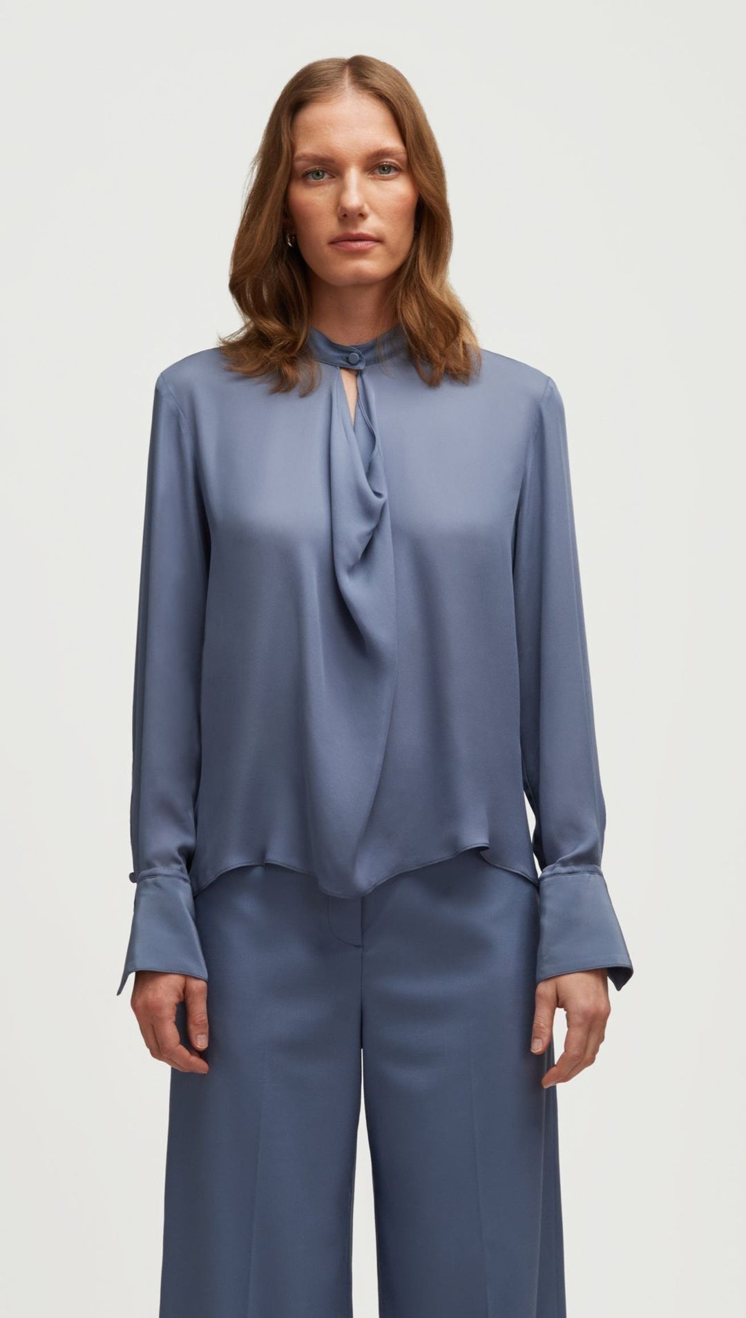 Cowl Neck Blouse in Double Georgette | Powder Blue