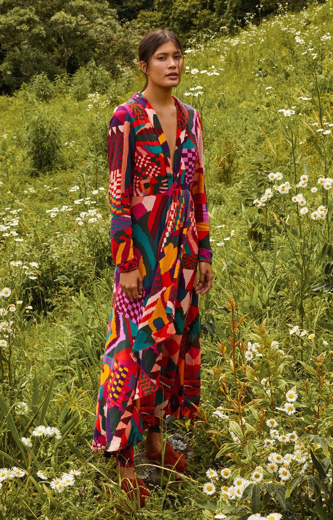 Farm Rio Red Abstract Patches Maxi Dress