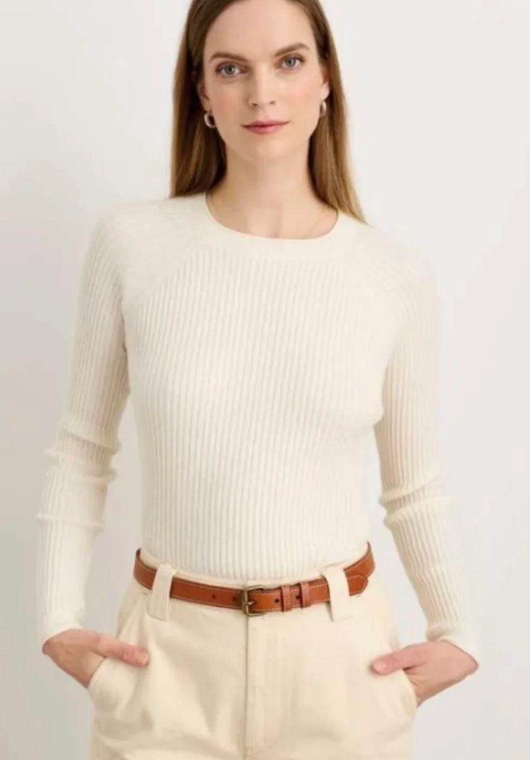 Alex Mill Ribbed Crew Neck Sweater in Ivory 95% Cotton 5% Cashmere