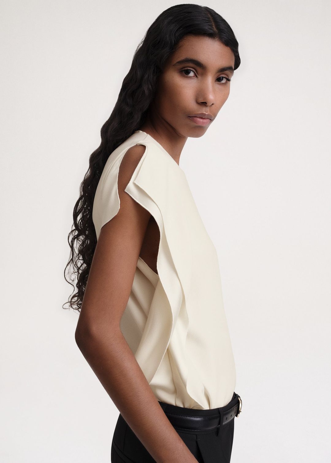 Side-drape crepe top macadamia #4