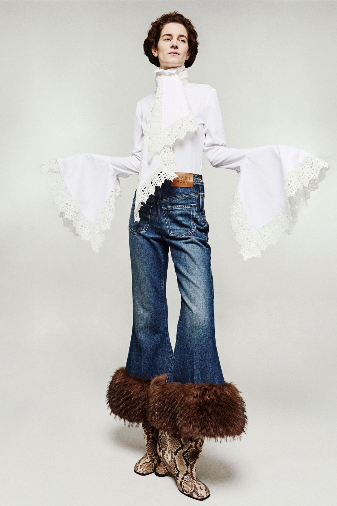 Cropped Flared Trousers With Faux Fur Hem Classic Blue Wash #3