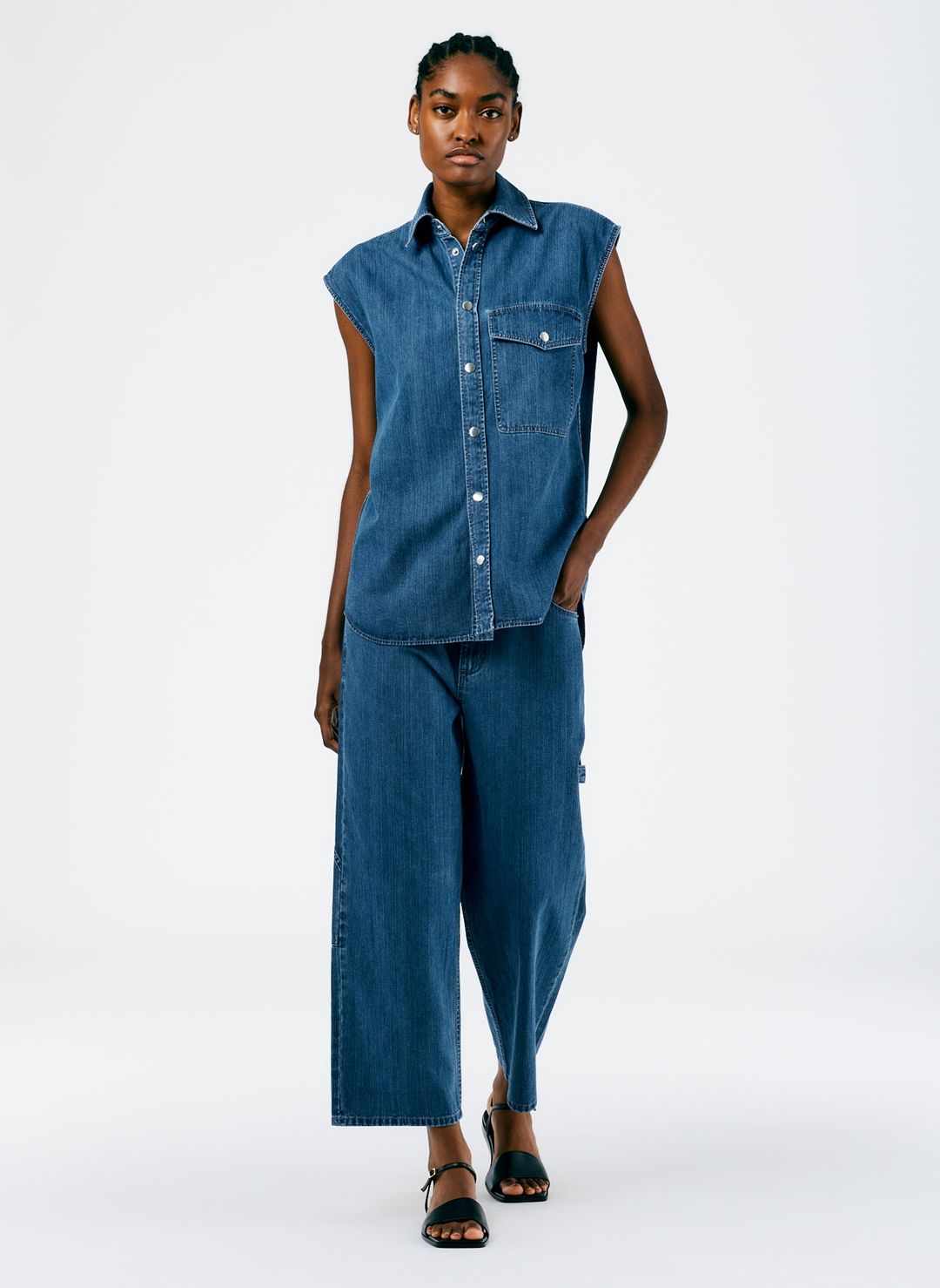 Stone Washed Denim Sleeveless Easy Shirt #5