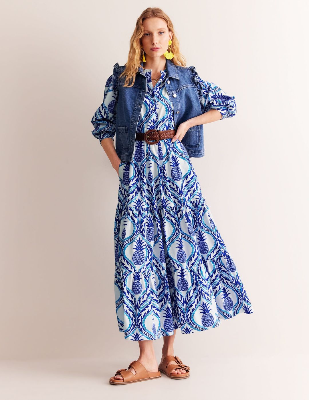 Alba Tiered Cotton Maxi Dress-Surf The Web, Pineapple Wave #5
