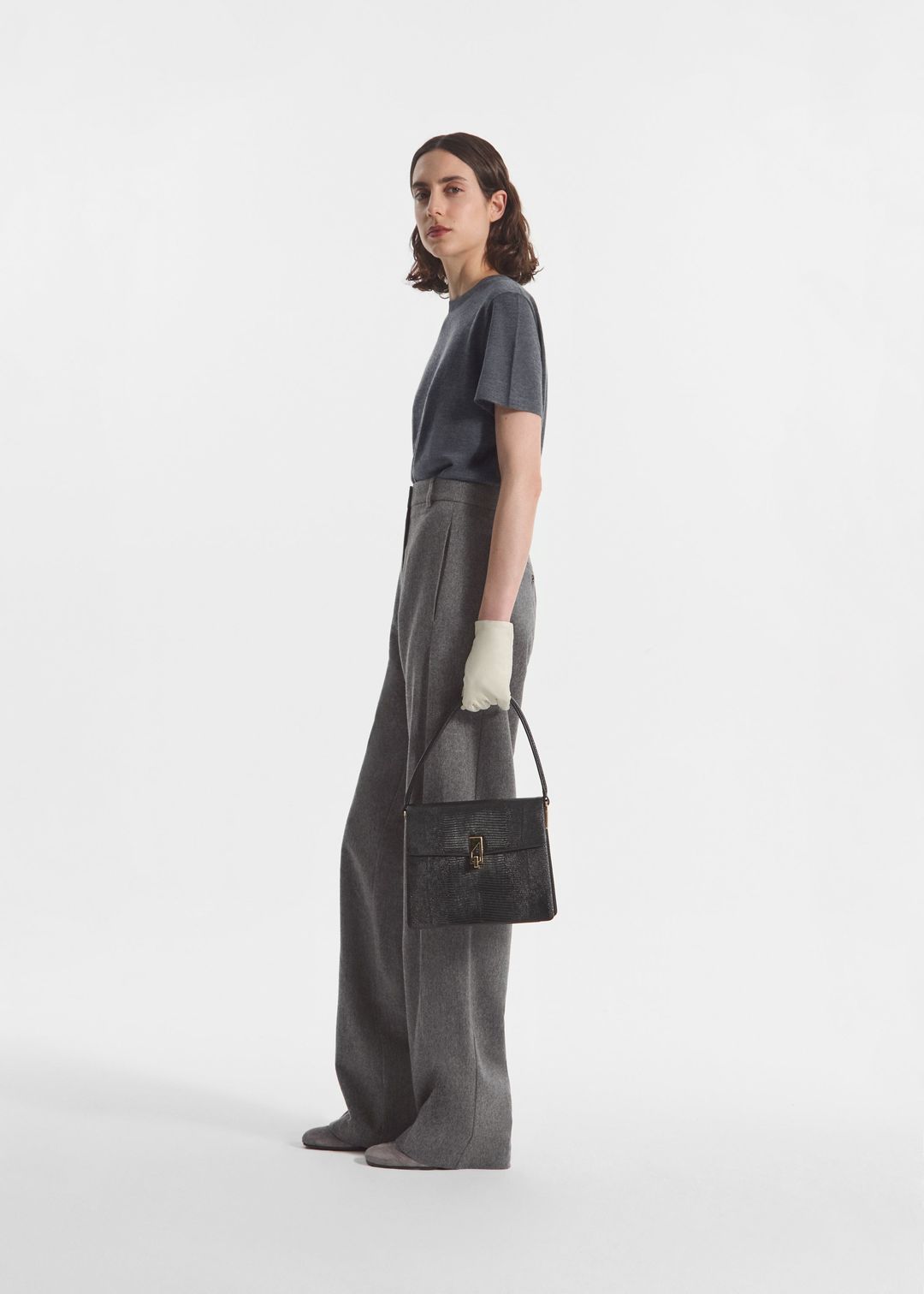 High Waisted Trouser in Wool Cashmere - Grey Melange
