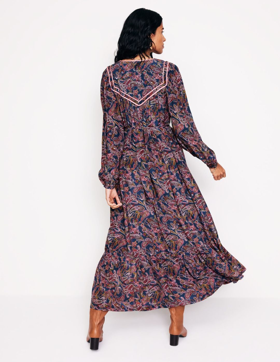 Quilted Yoke Maxi Dress-True Navy, Opulent Paisley #4
