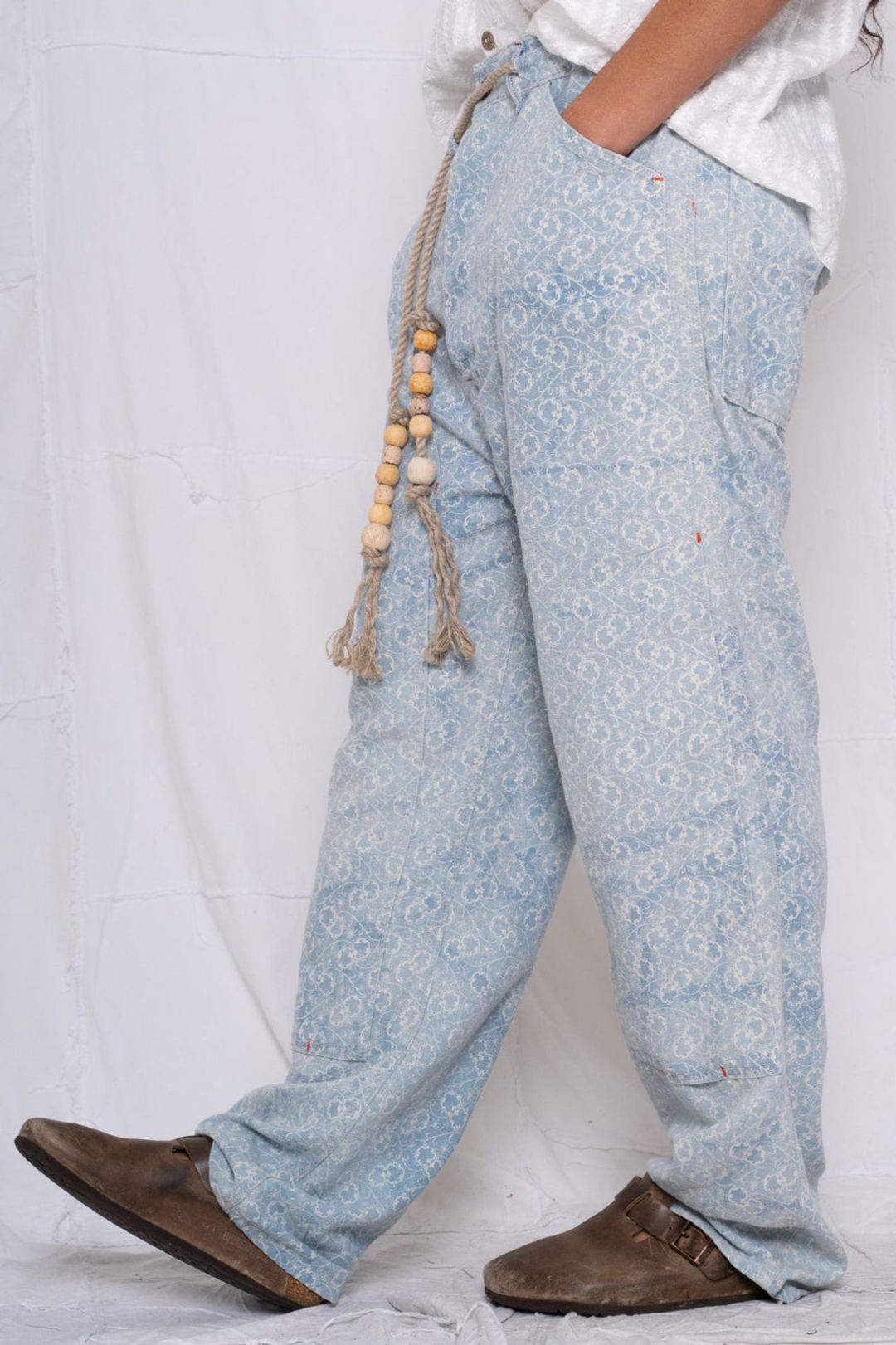 P71 Carpenter Indigo Block Print Flowers Sunfaded Sky Blue #4