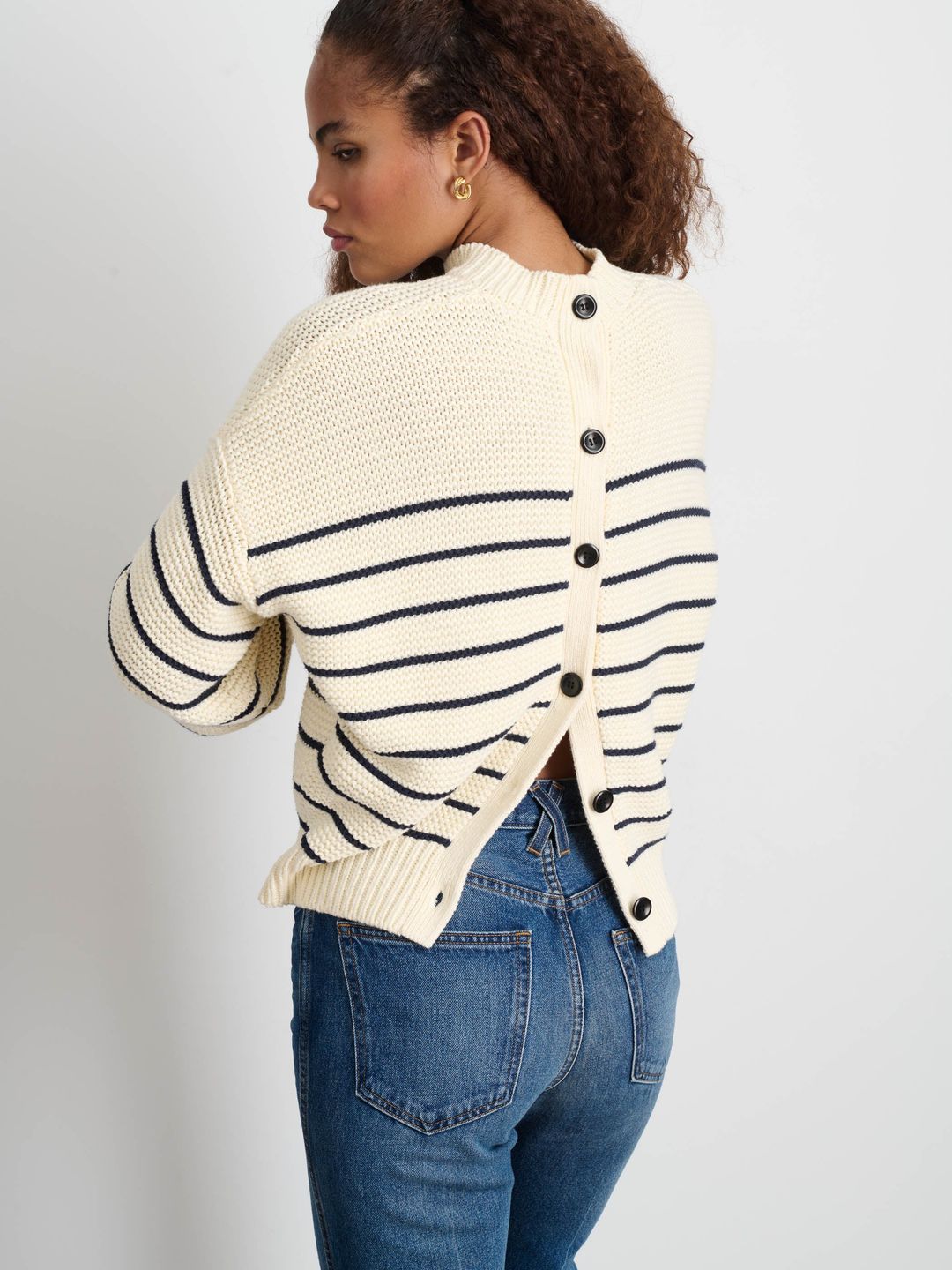 Button-Back Crewneck Sweater in Stripe #3