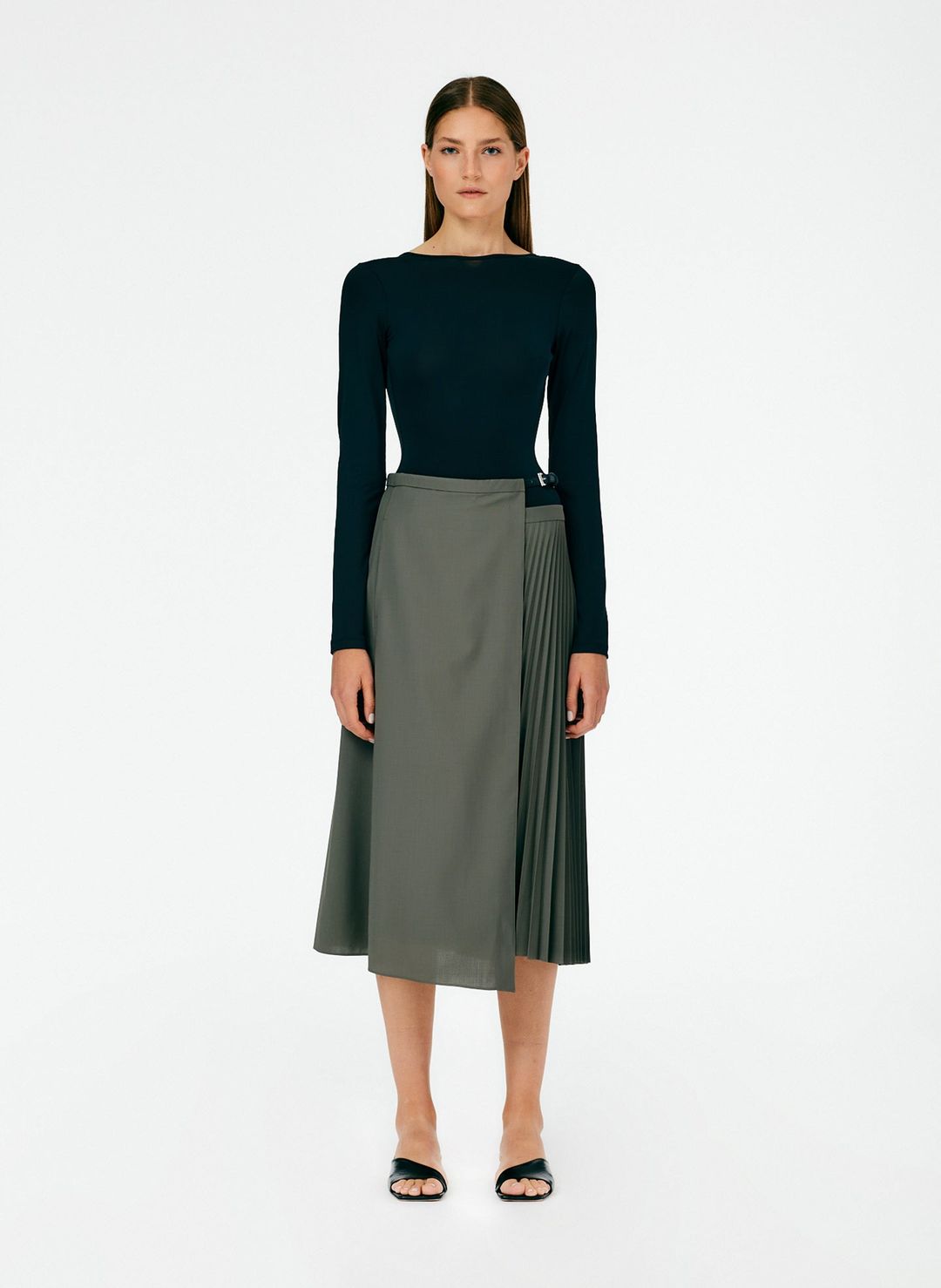 Tropical Wool Pleated Leather Wrap Skirt #4