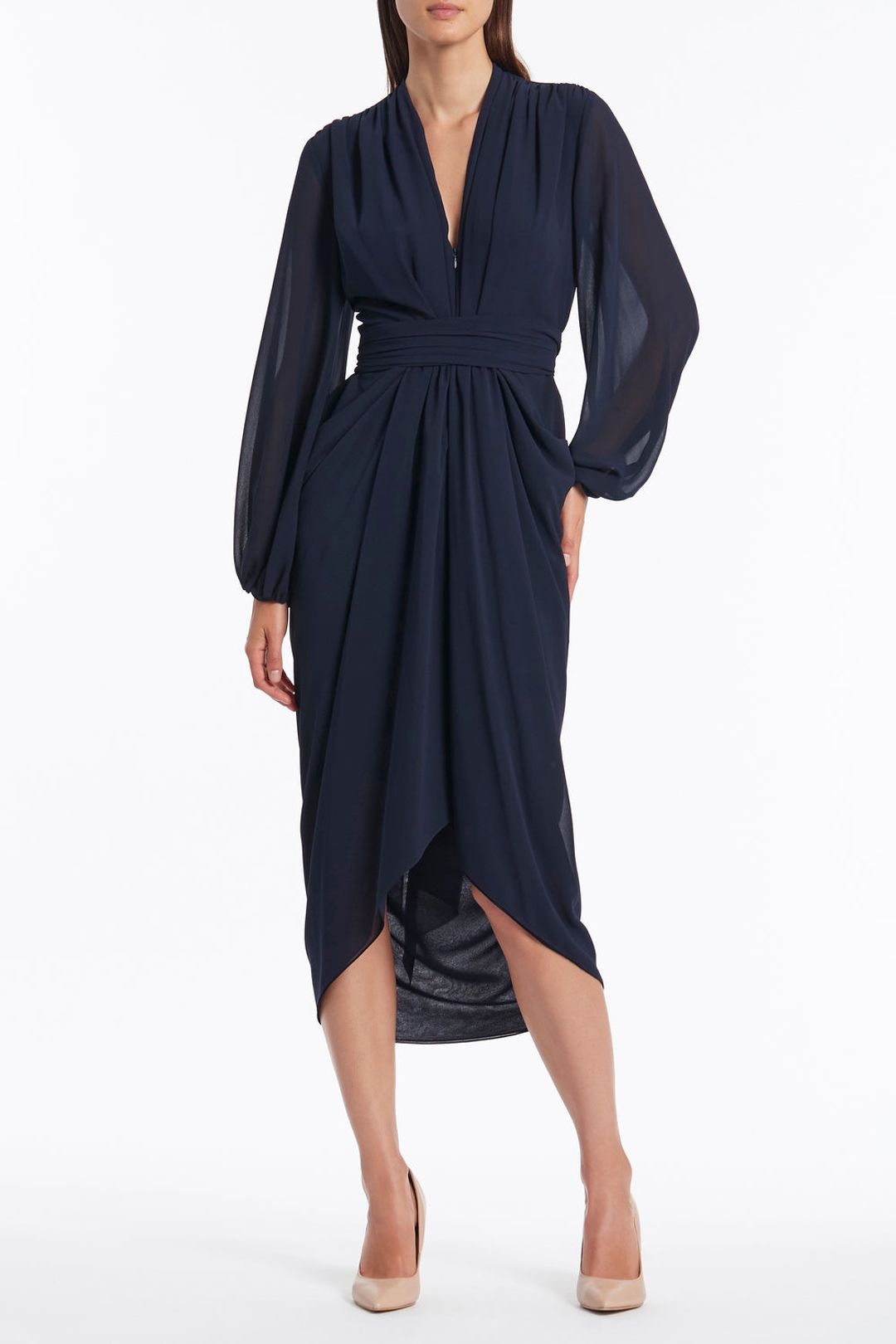 NAVY GEORGETTE V-NECK WATERFALL DRESS #5