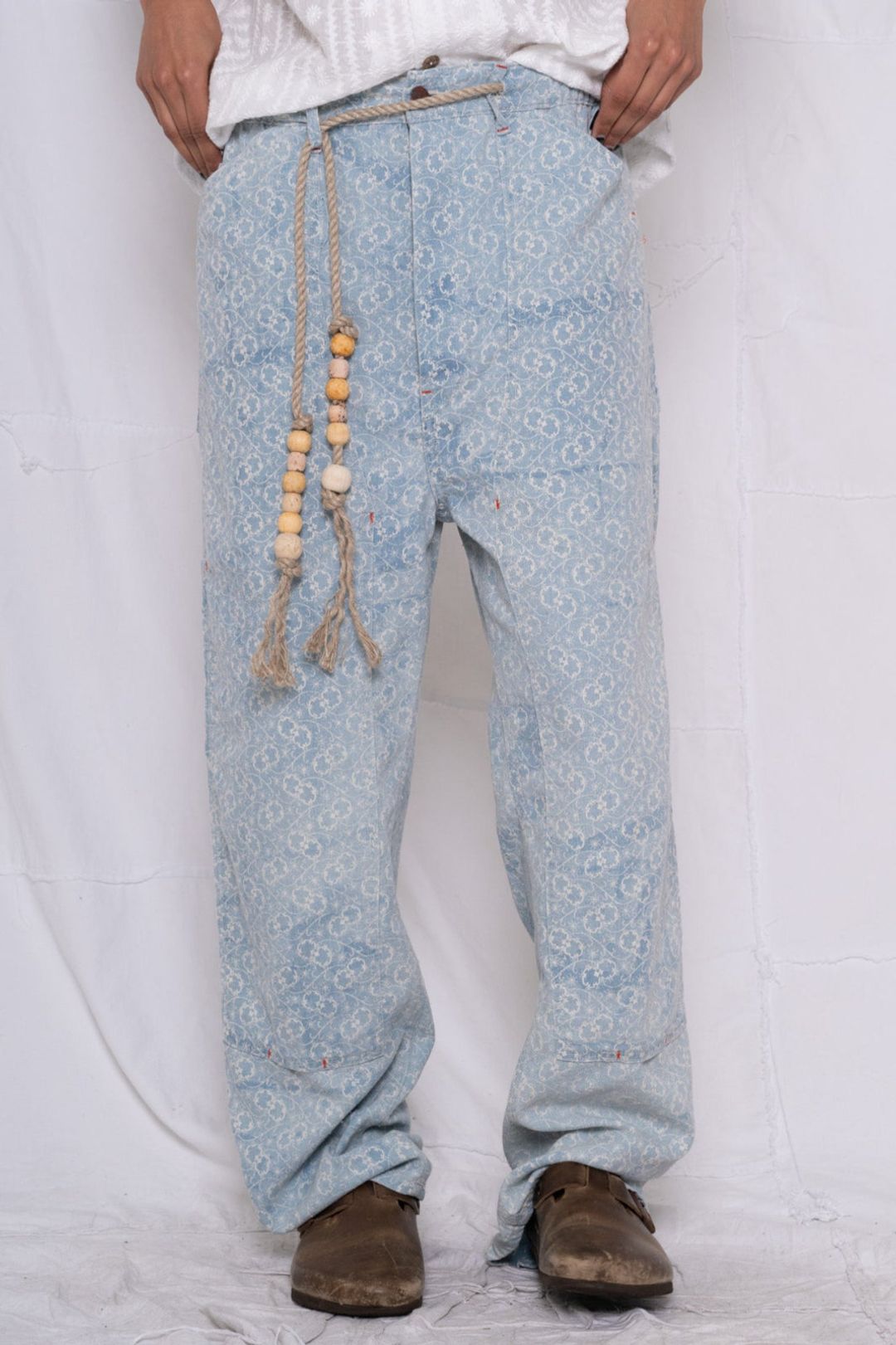 P71 Carpenter Indigo Block Print Flowers Sunfaded Sky Blue