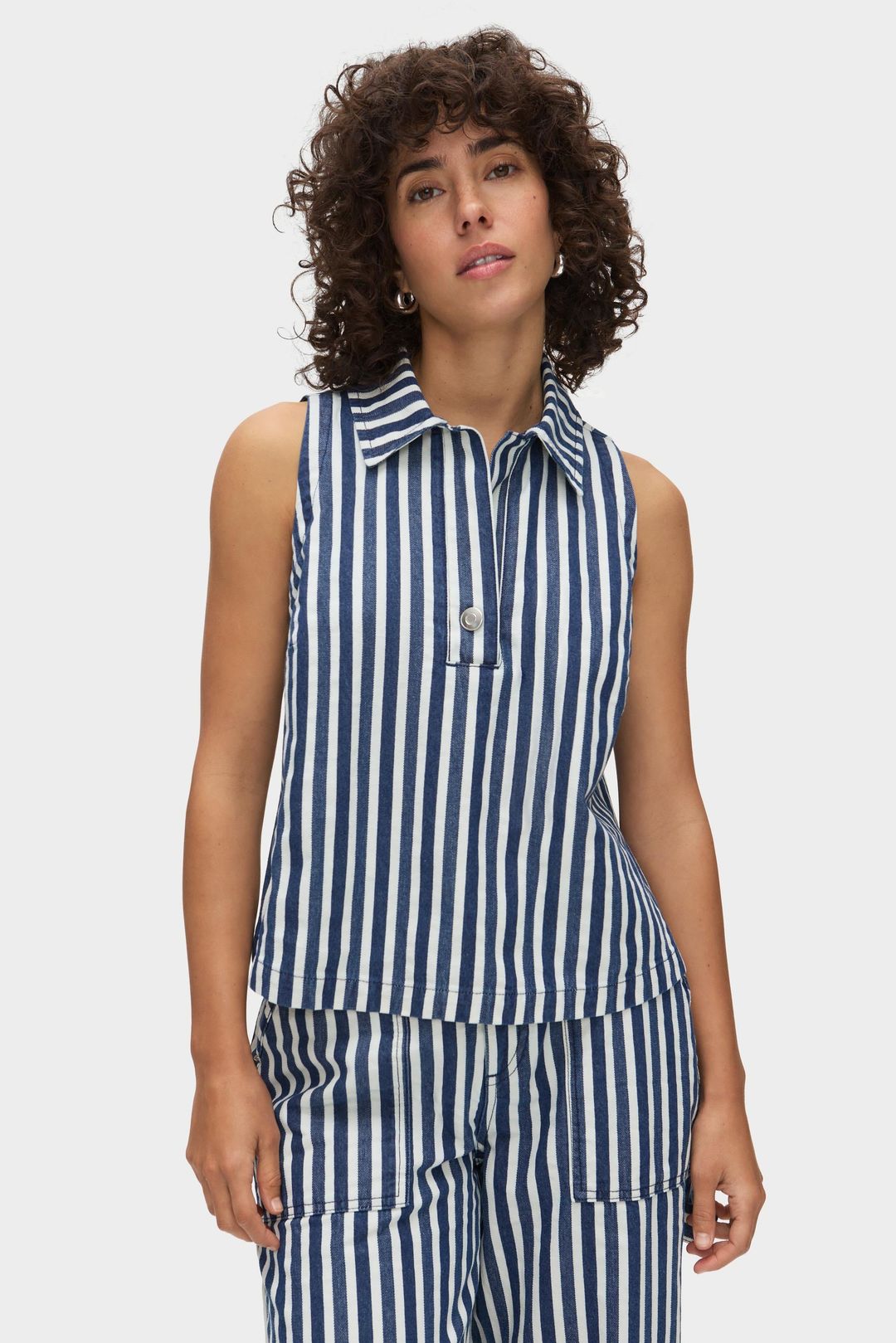 Peg Striped Collared Sleeveless Top