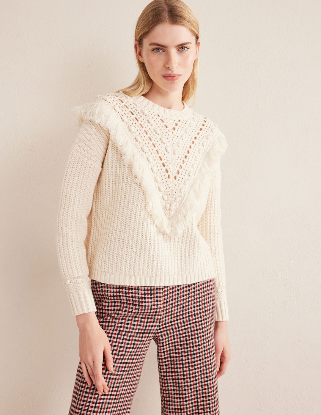 Fringe Detail Ribbed Sweater-Warm Ivory