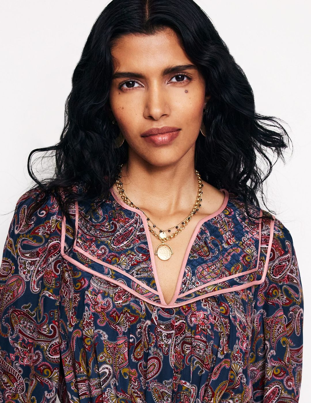 Quilted Yoke Maxi Dress-True Navy, Opulent Paisley #3
