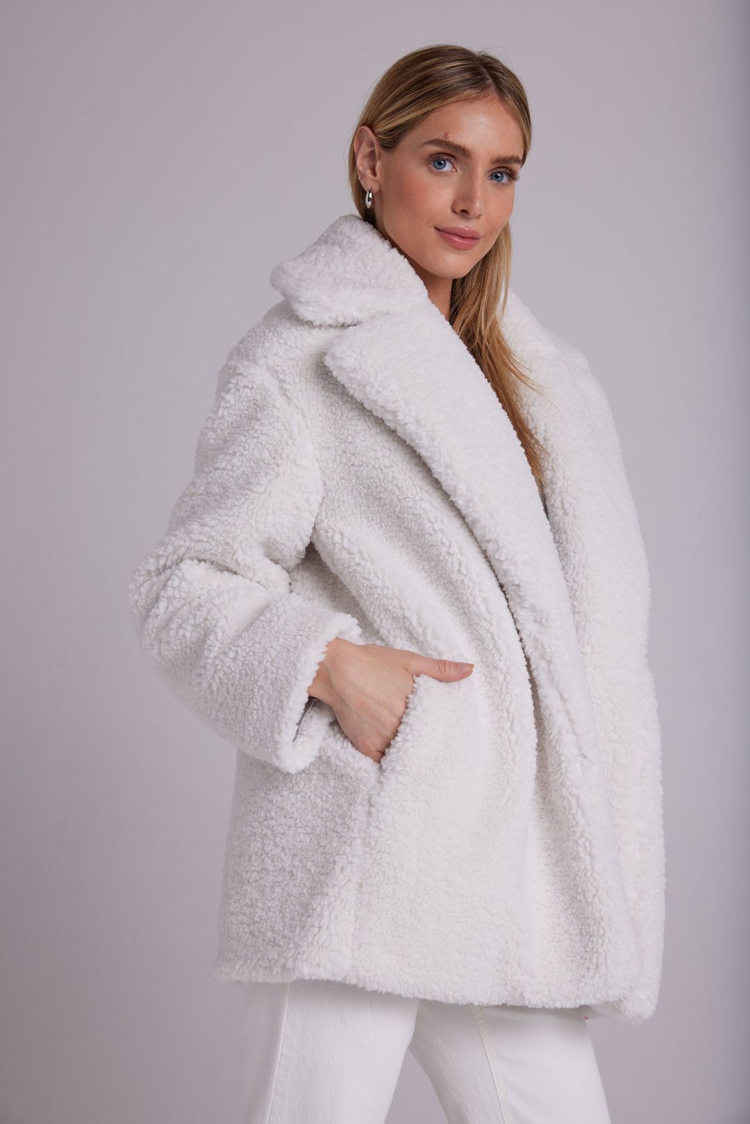 Oversized Notch Collar Teddy Coat - Winter White #3