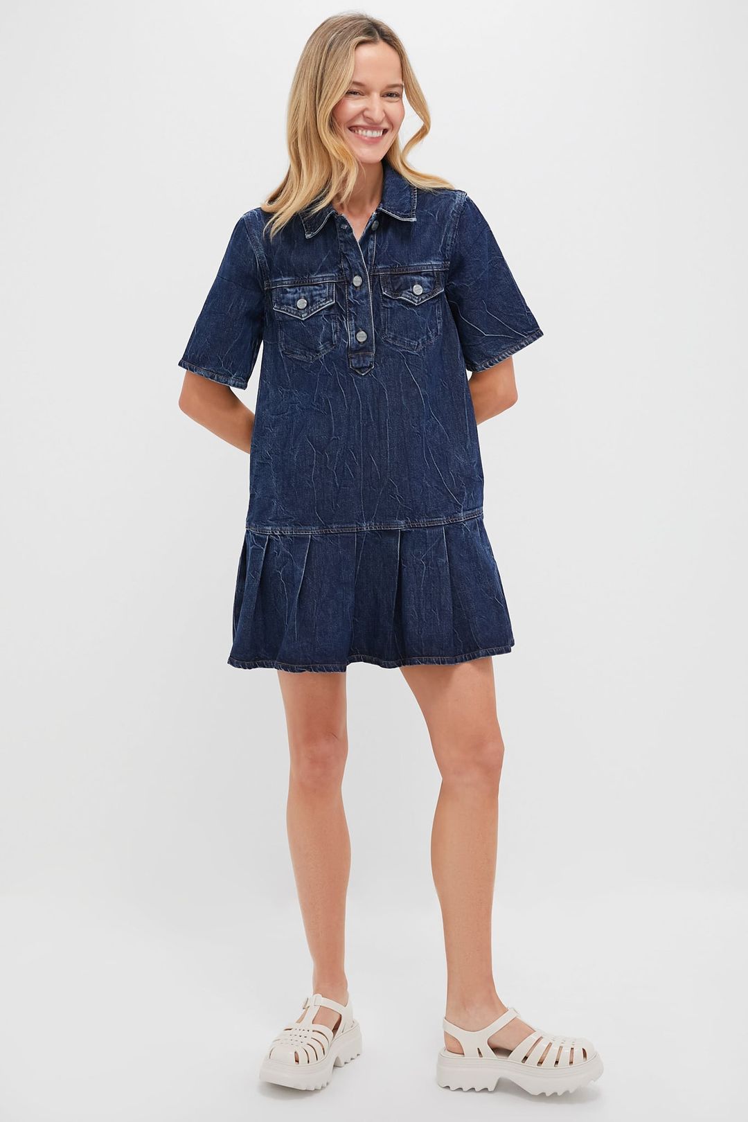 Mid Blue Stone Crinkled Future Denim Mini Dress #6