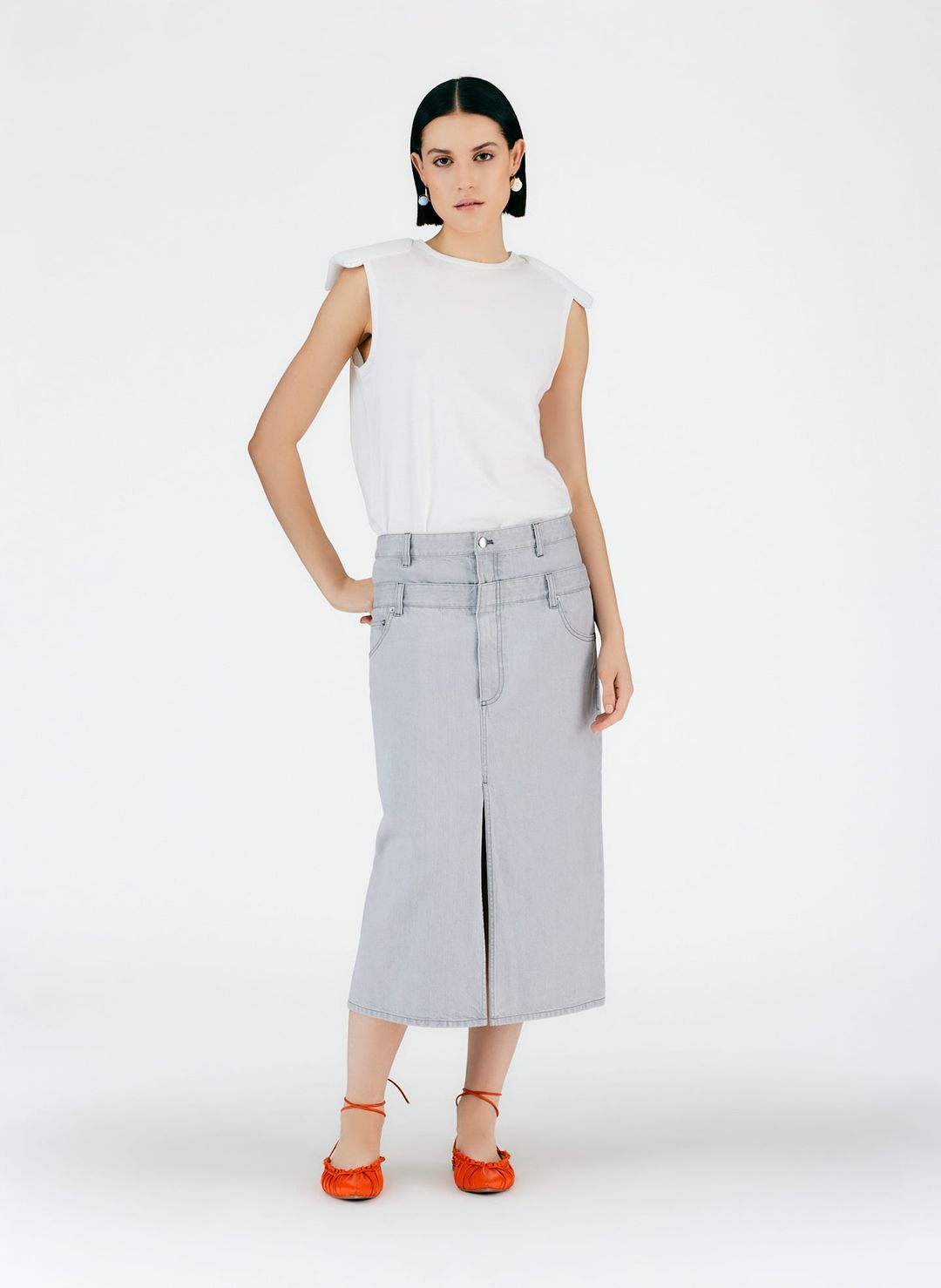 Grey Denim Double Waisted Denim Skirt