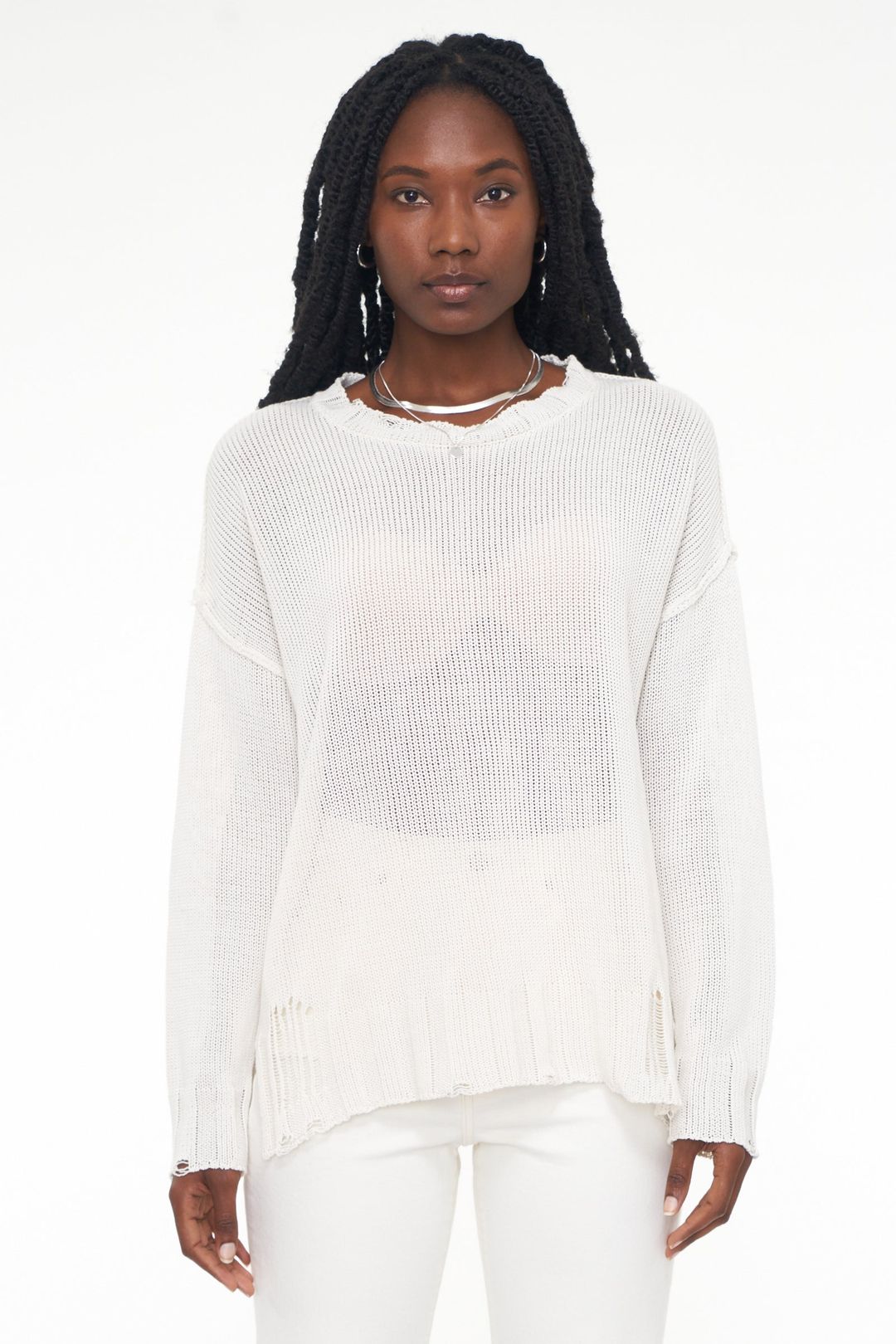 Elyse Lightweight Pullover Sweater - Vanilla Distressed