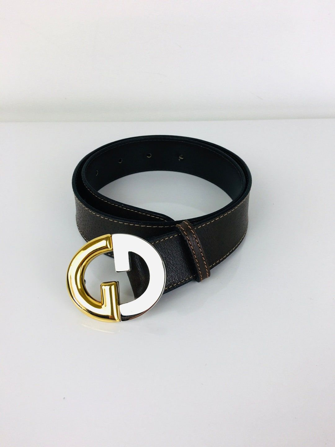 Vintage 1990s GUCCI GG Gold & Silver Buckle Brown Leather Belt #3
