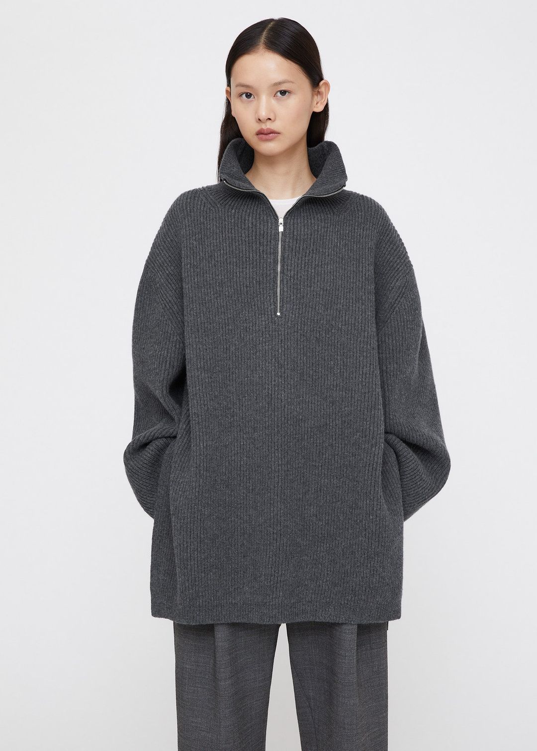 Fisherman zipper knit dark grey mélange