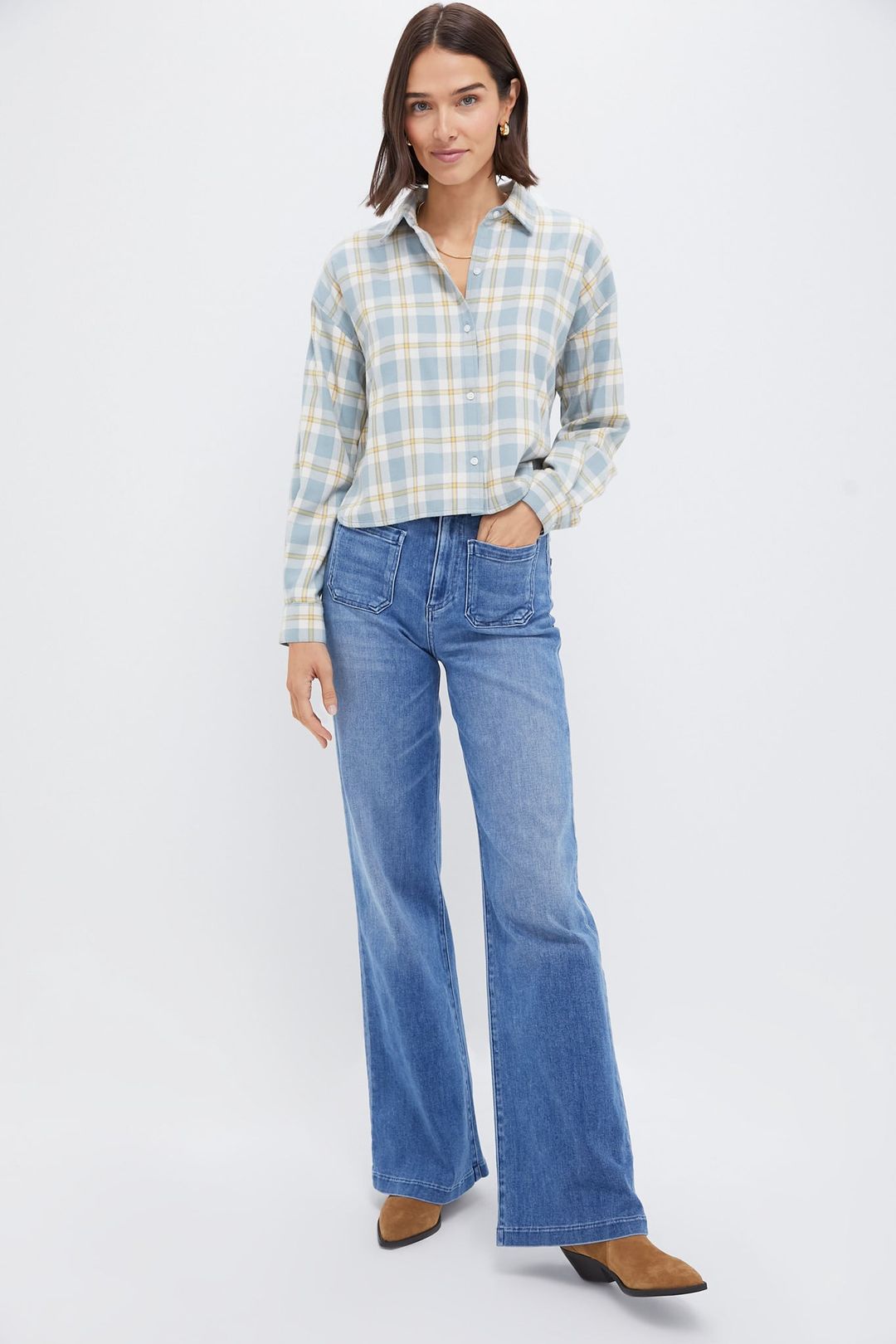 Blue Plaid Flannel Cropped Jasper Button Down #6