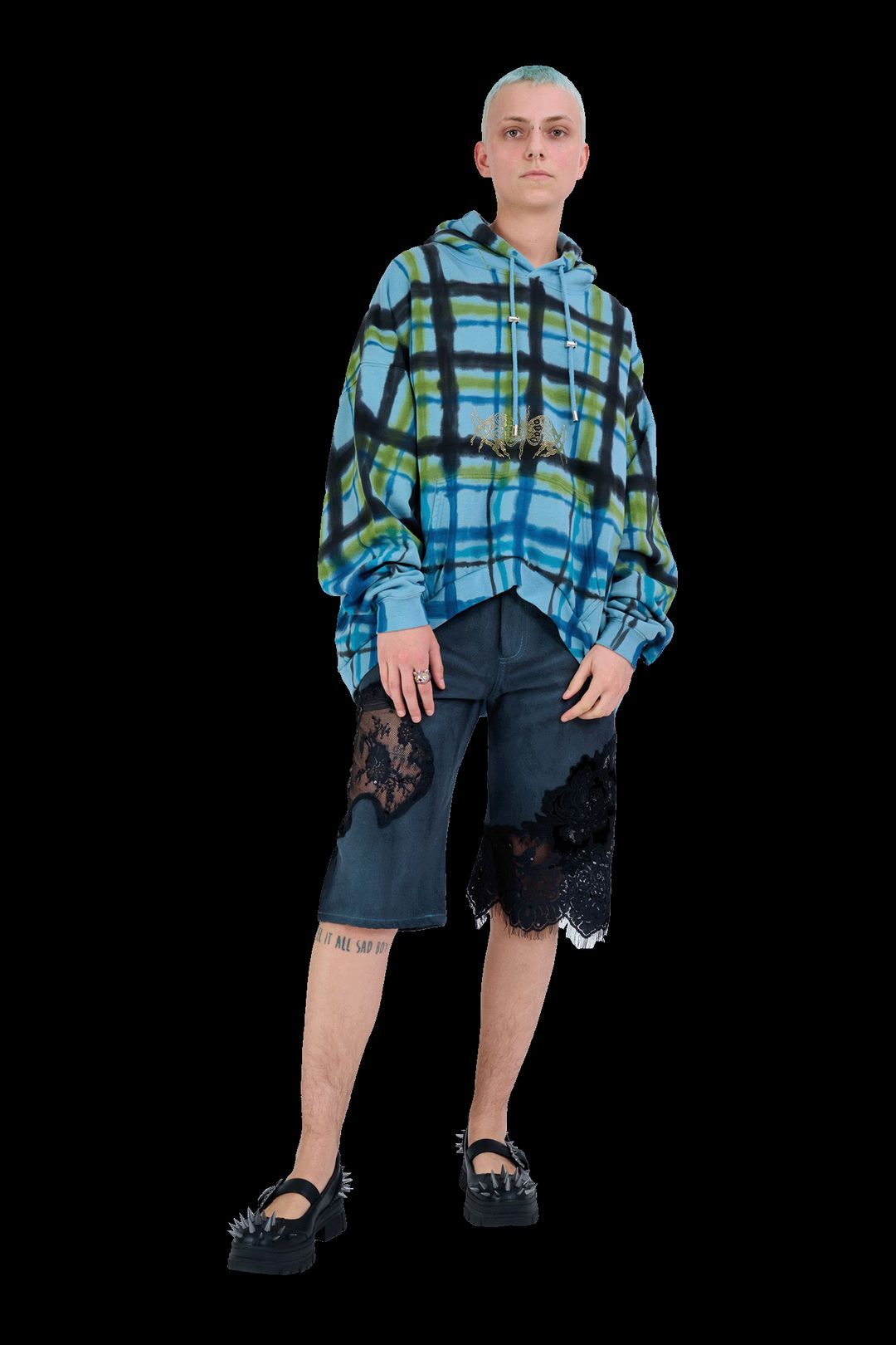 AURORA PLAID RHINESTONE ROUND HEM HOODIE