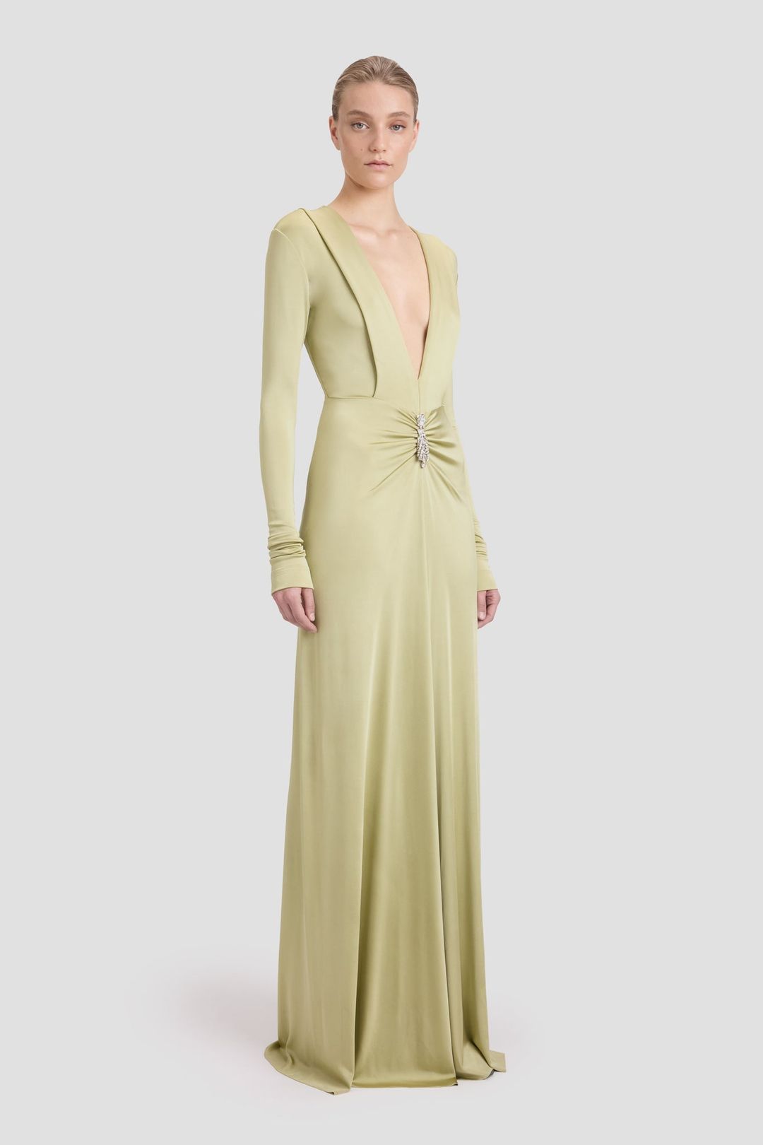 Embellished Deep V-Neck Gown In Pistachio #3