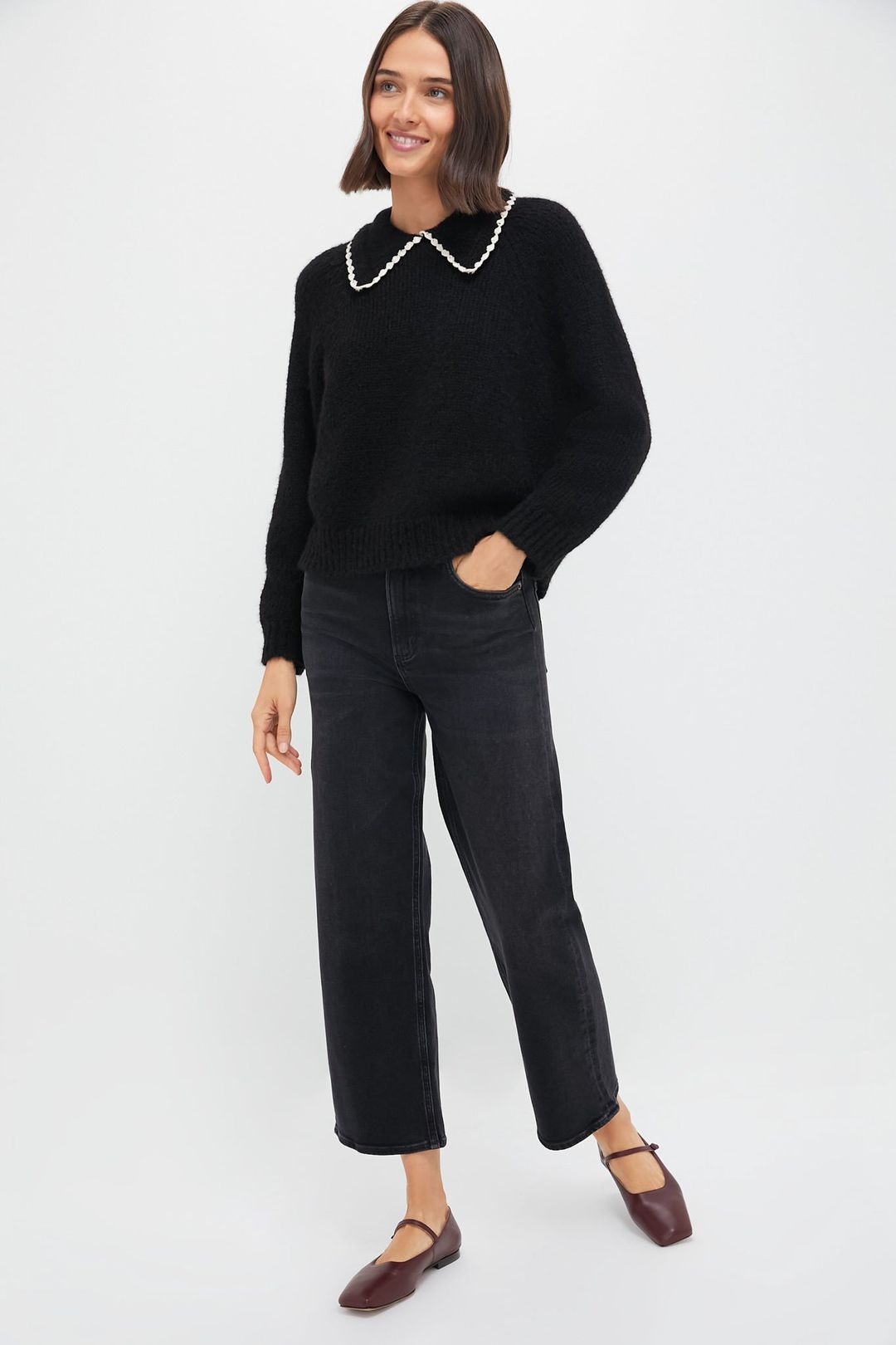 Black with Soft White Crochet Collar Pullover #6