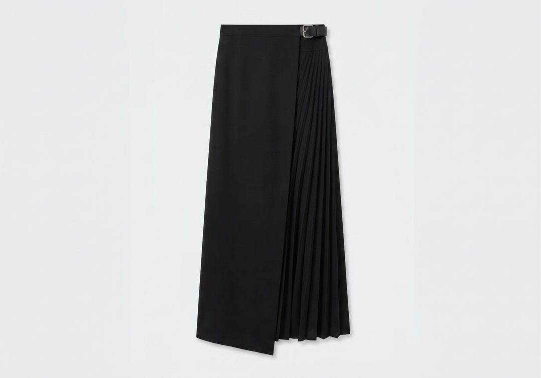 Tropical Wool Pleated Leather Belt Maxi Skirt