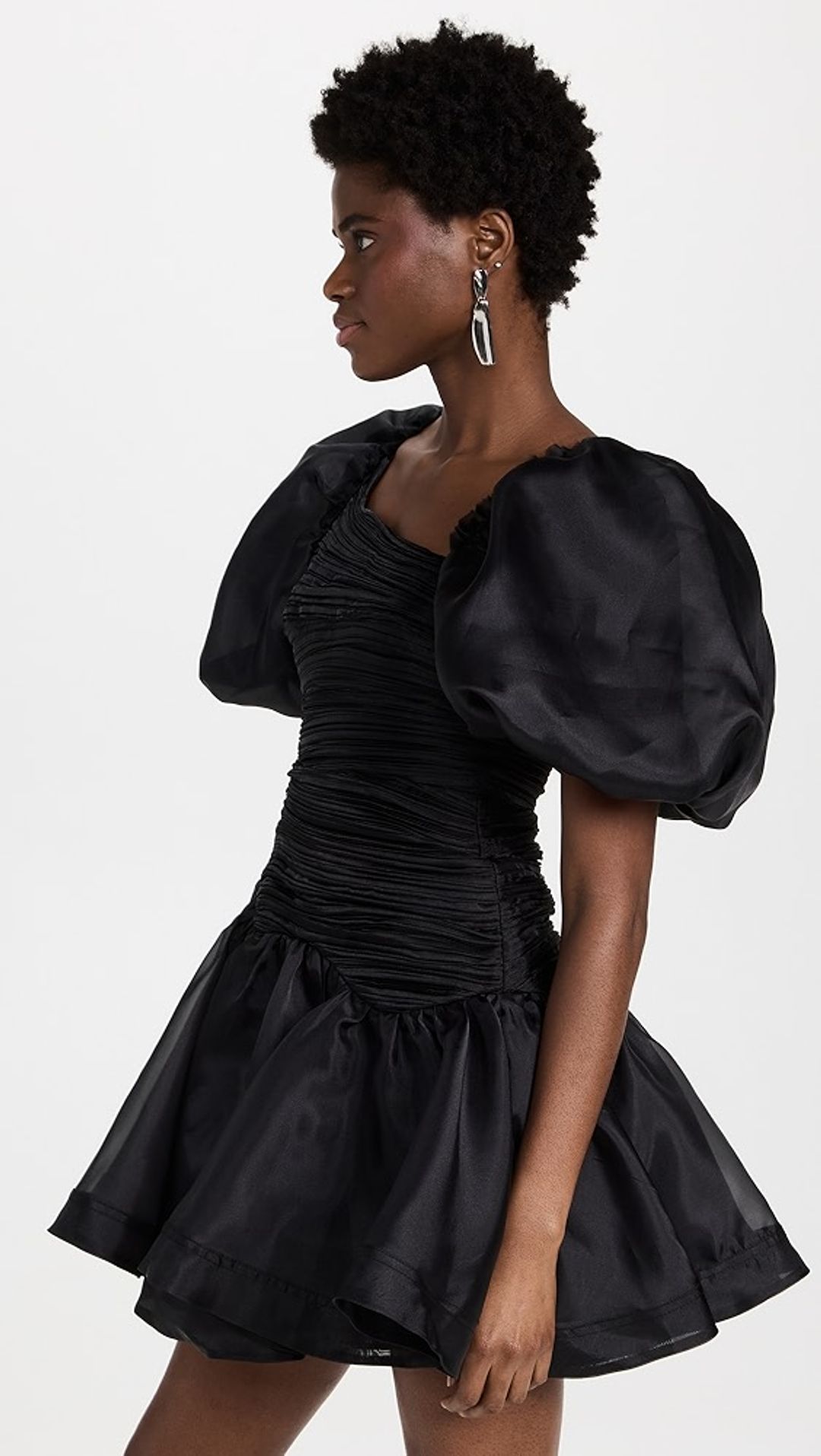 Joan Asymmetric Puff-sleeves Dress In Black