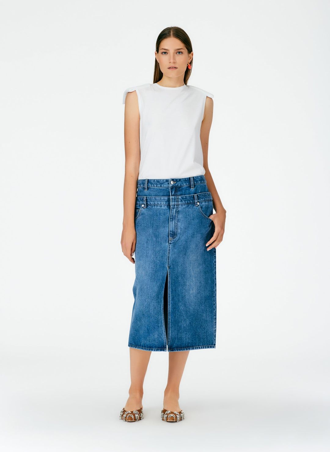 Classic Wash Double Waisted Denim Skirt #6