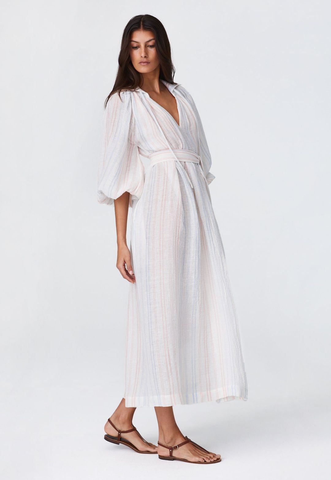THE POET DRESS in WHITE & PINK & BLUE STRIPED GAUZE #5