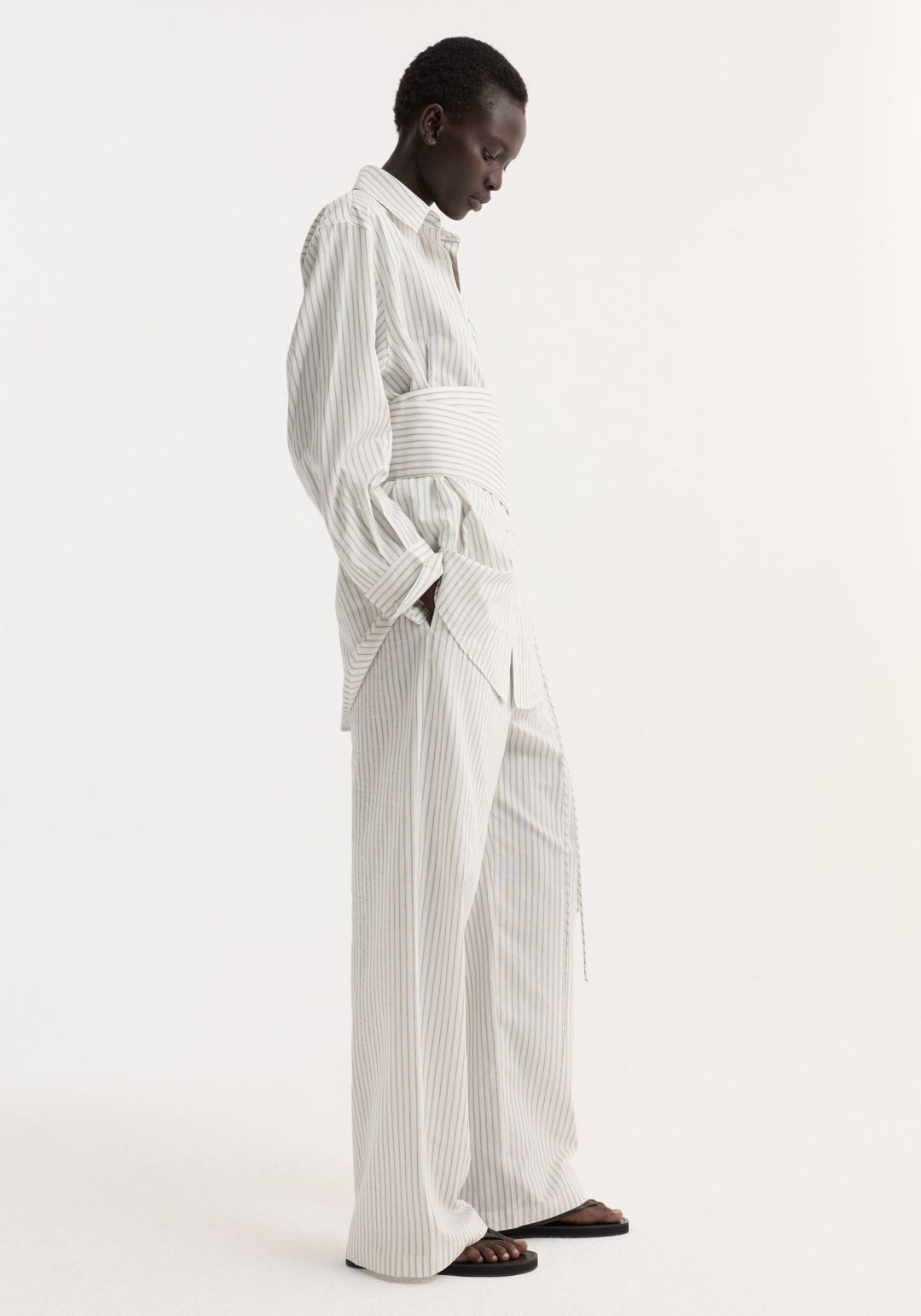 Silk stripe belted shirt | fine stripe #5