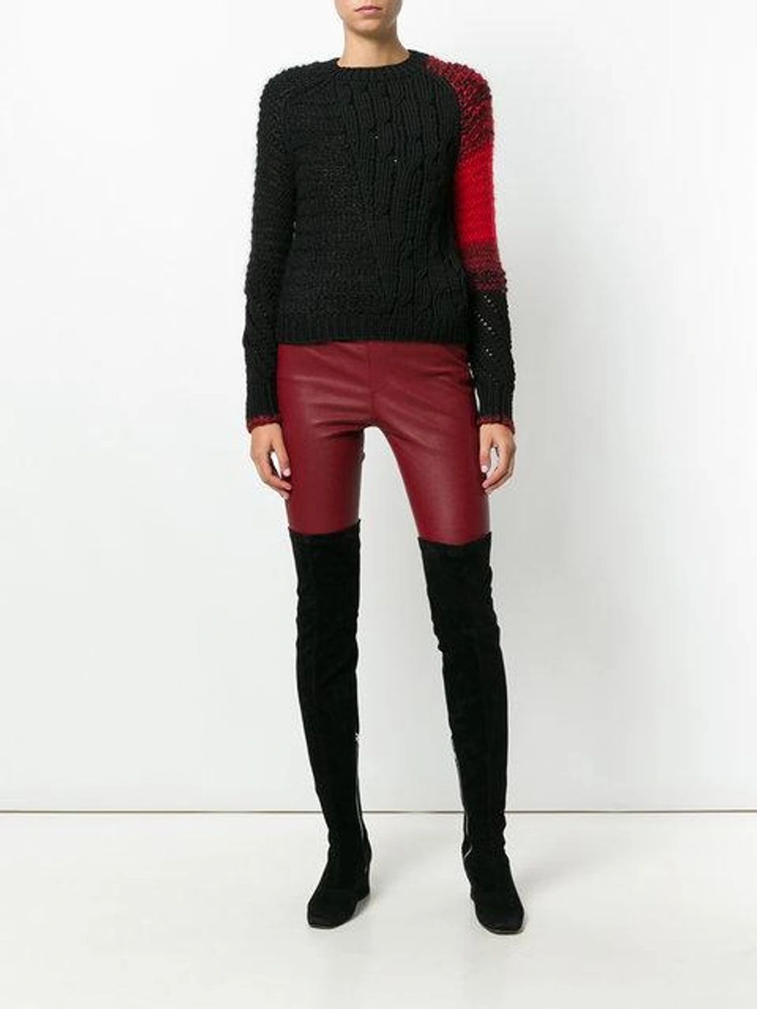 Patchwork Cable-knit Crewneck Wool Sweater In Black #6