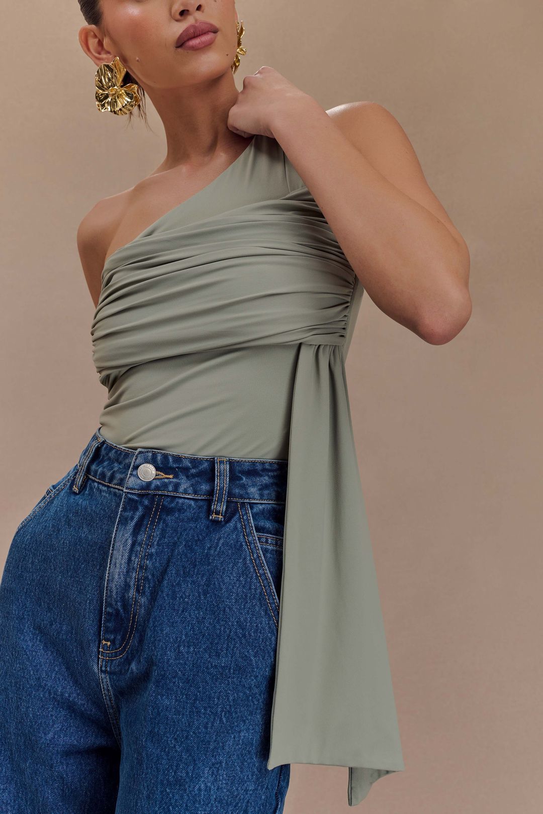 Sera One Shoulder Recycled Nylon Top With Drape - Basil #3