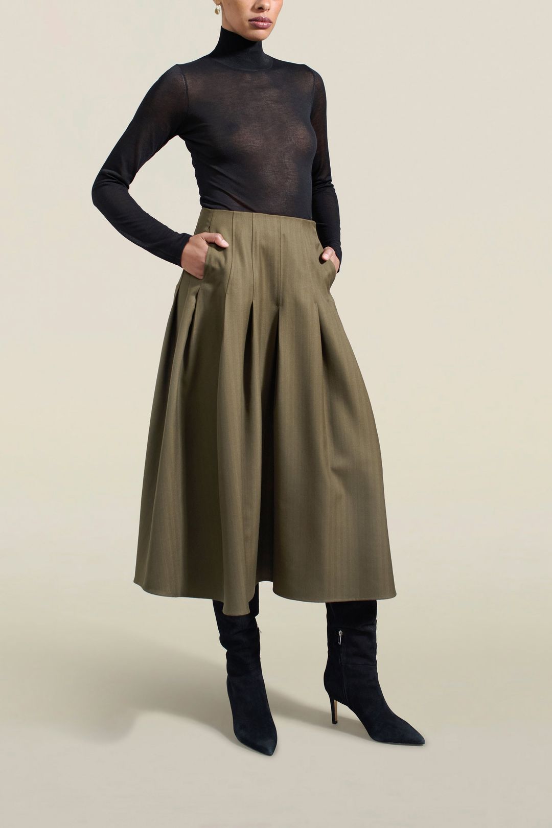 Dakota Pleated Skirt in Dark Olive Tropical Wool #4