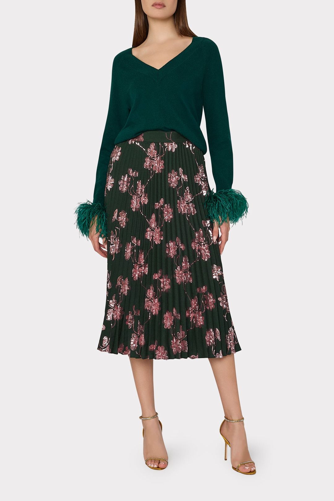 Feather Cuff V-Neck Sweater