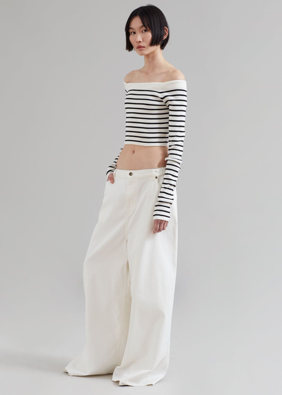 Coco White Off Shoulder Sweater - Black Stripe