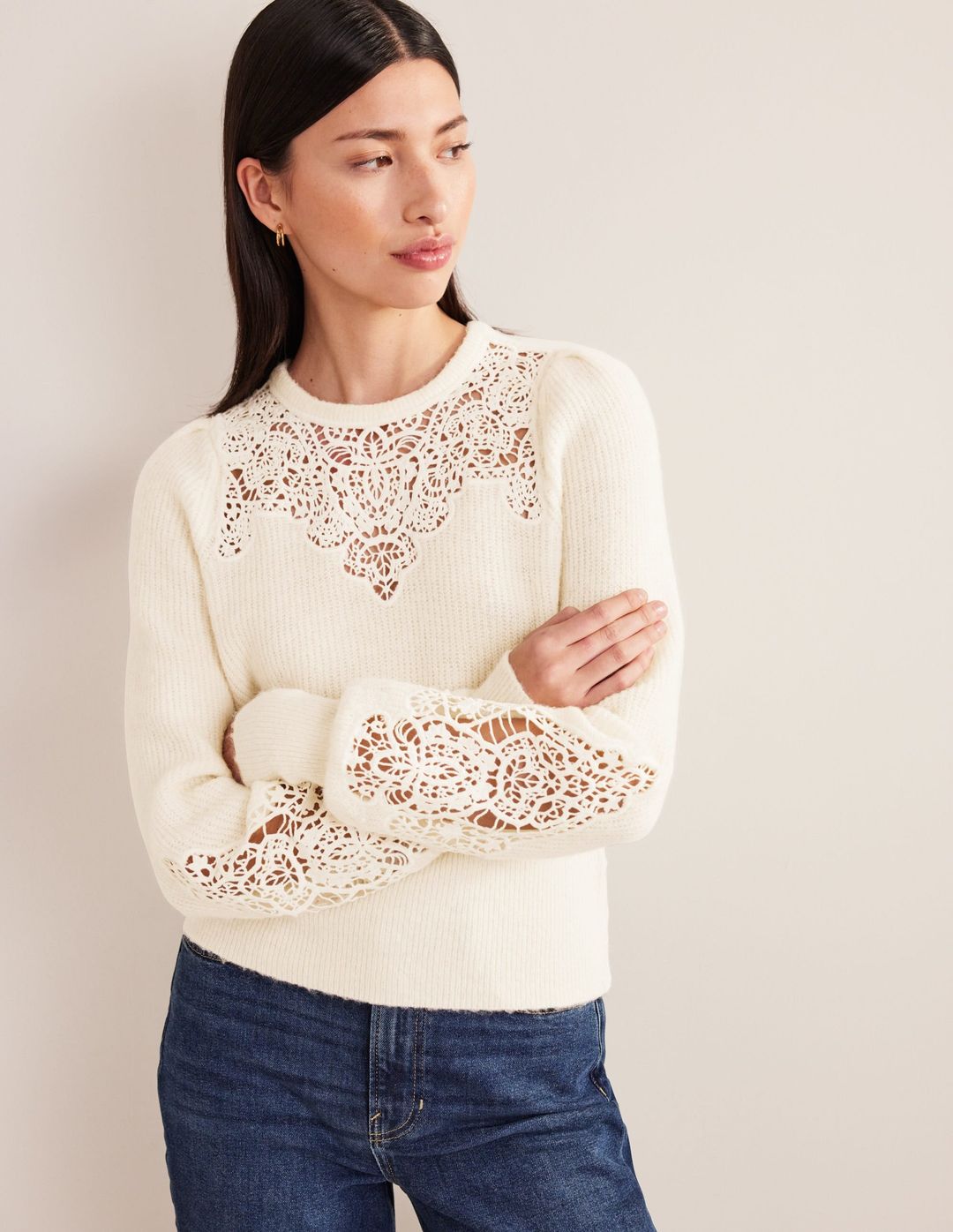 Lace Panel Fluffy Sweater-Ivory