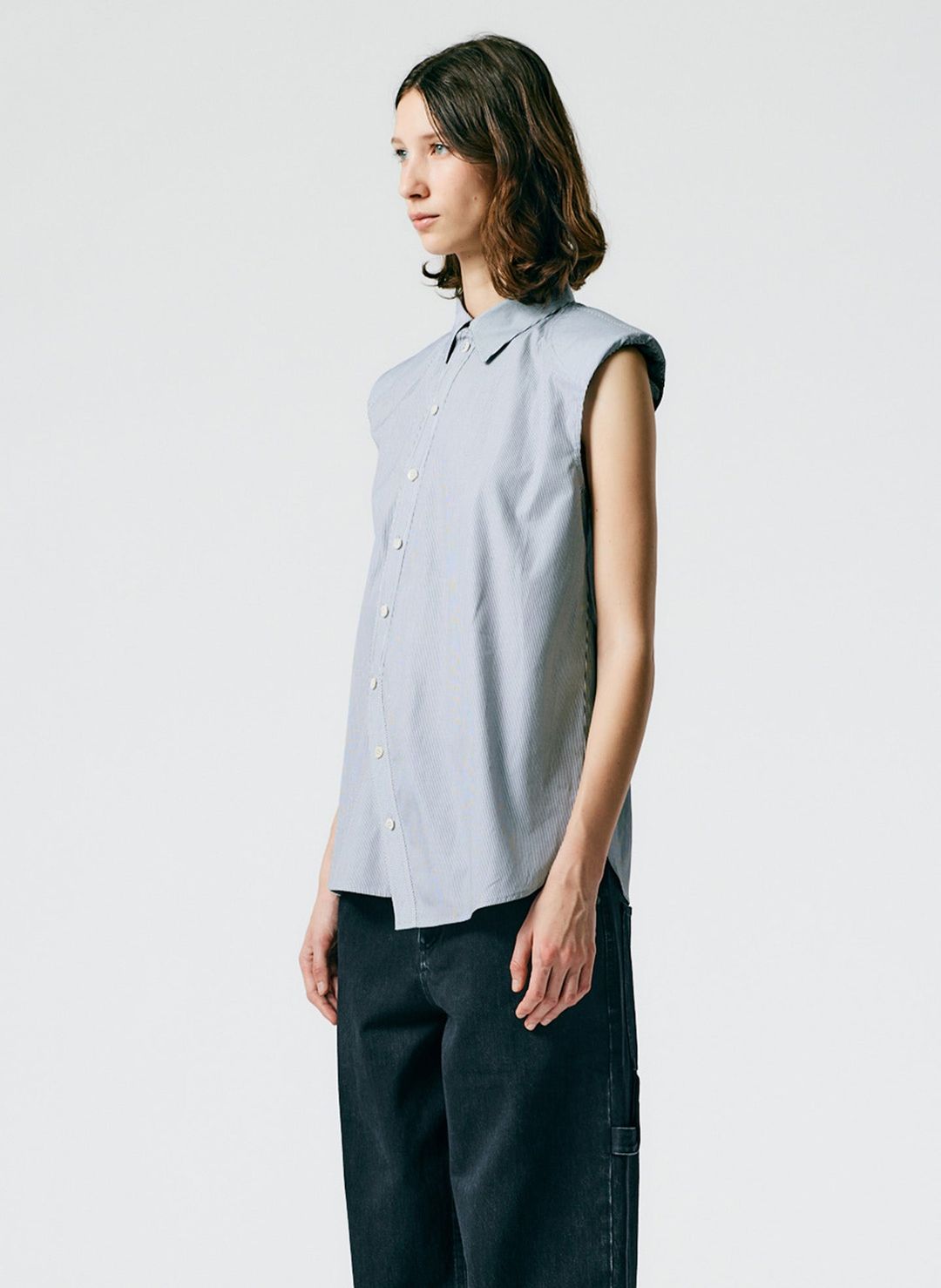 Micro Stripe Sleeveless Shoulderpad Shirt #3