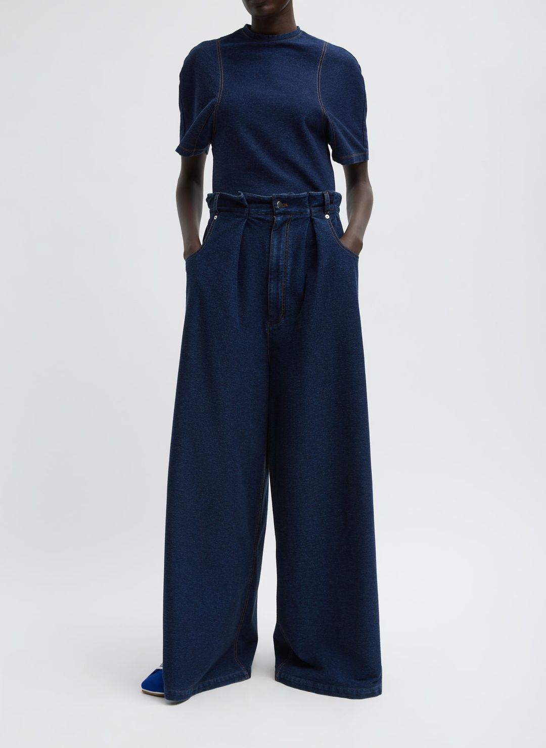 Indigo Barre Denim Knit Walker Wide Leg Jean