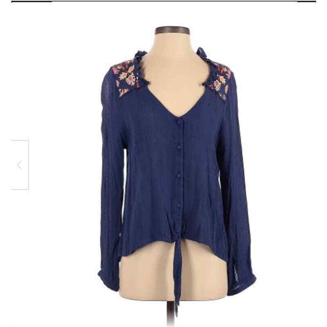 Anthropologie Chloe Oliver Blue Floral Embroidered Tie Front Blouse Size M #8