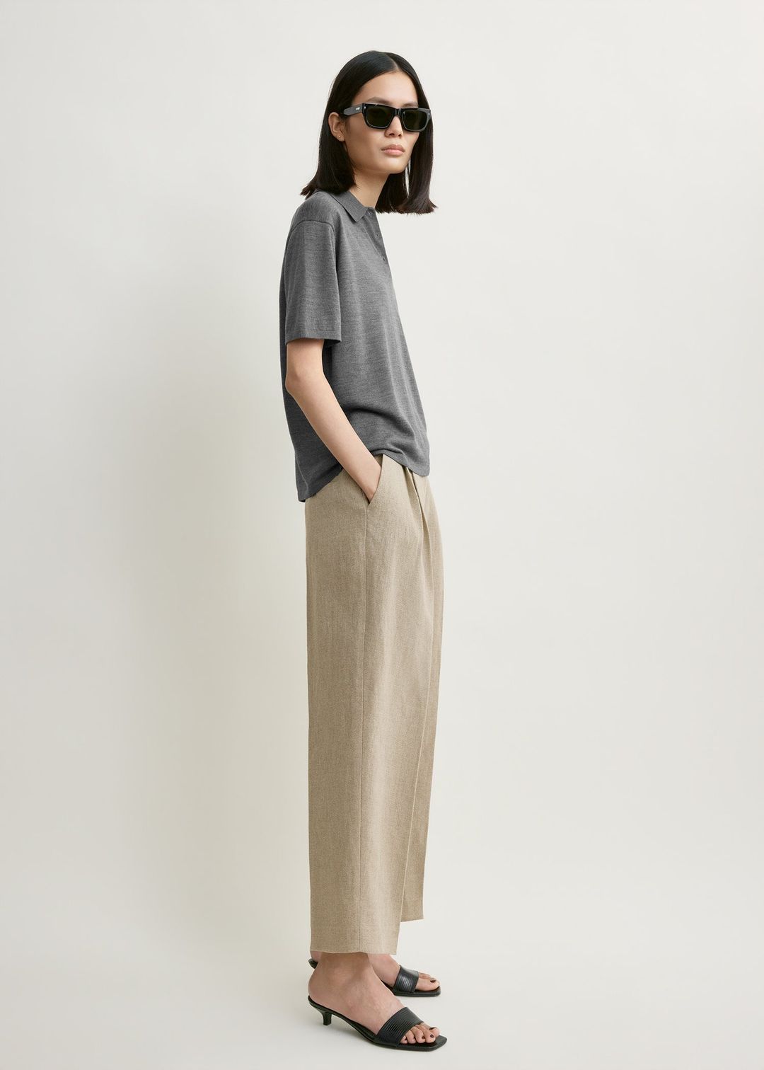 Wool-silk polo shirt grey melange petite