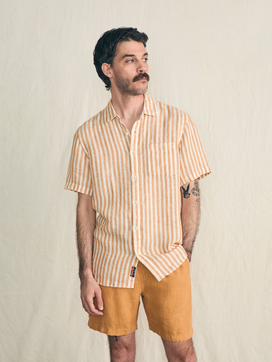 Short-Sleeve Palma Linen Shirt - Gold Ivory Stripe