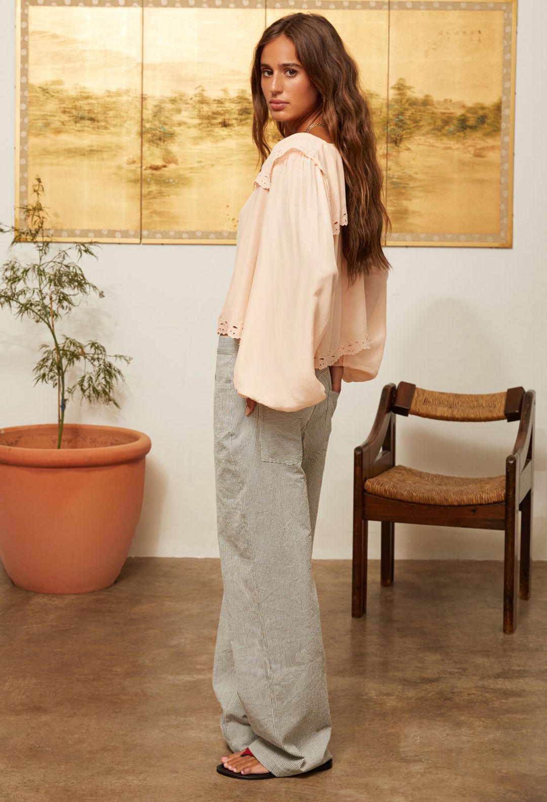 Jona Peach Embroidered Silk Top