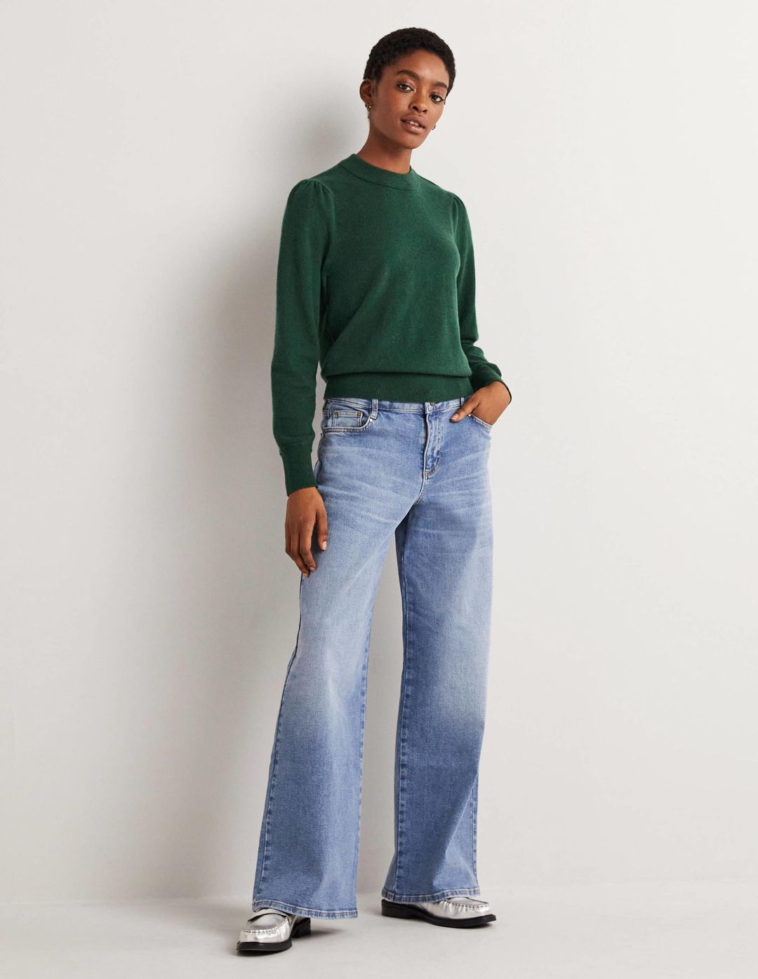 Cashmere Puff Shoulder Sweater-Hunter Green Melange #5